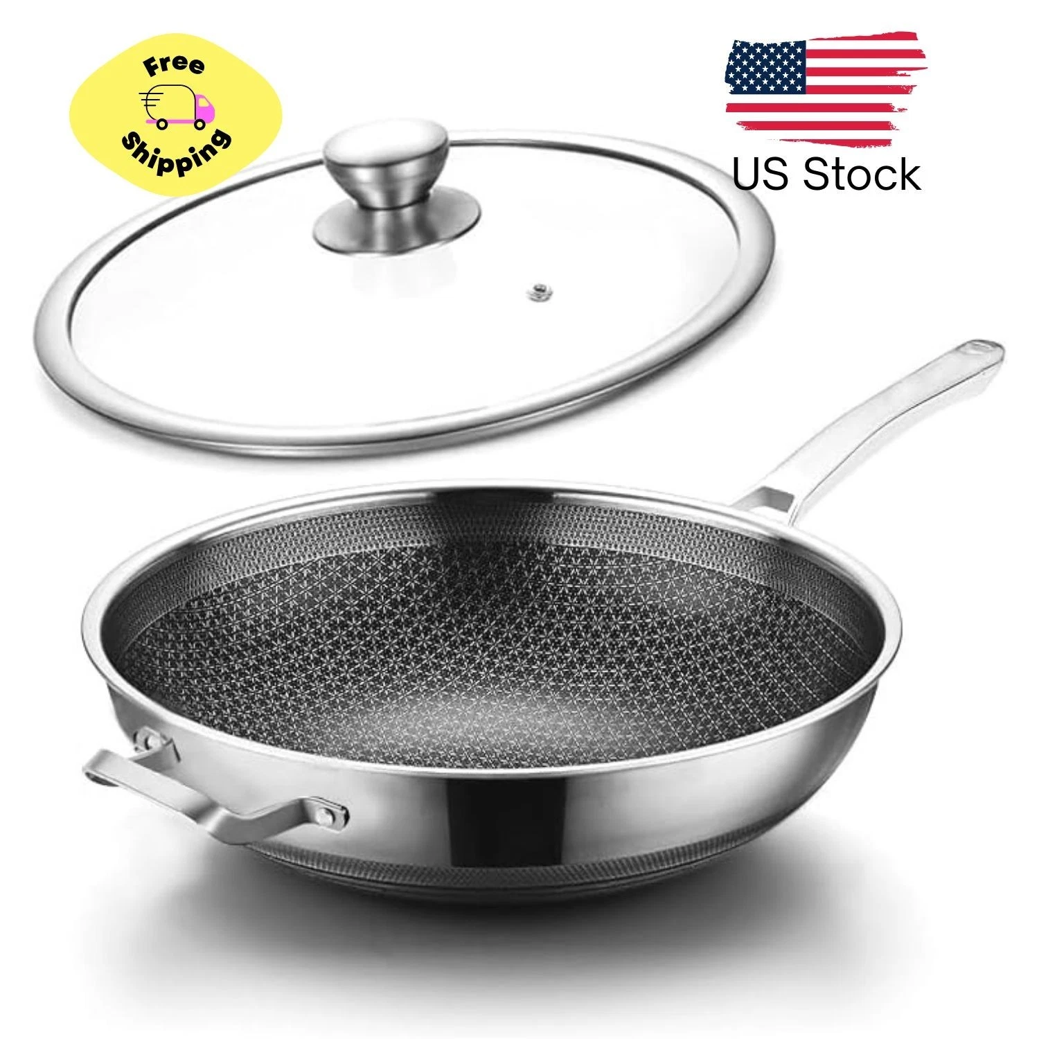 Wok Pan,Hybrid Nonstick 14 Inch Wok with Lid,Induction Non Stick Stainless Steel