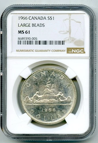 1966 S$1 CANADA SILVER VOYAGEUR LARGE BEADS NGC MS61 UNCIRCULATED DOLLAR COIN