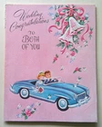 Couple in T-Bird car embossed vintage Wedding greeting card #A4