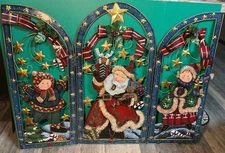 Vintage CHRISTMAS Santa FIREPLACE SCREEN Holiday Trifold 48x36 Holly Stars