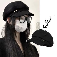 New Women's Black Wool Newsboy Cap - Wide Size & Small Face Designer Hat