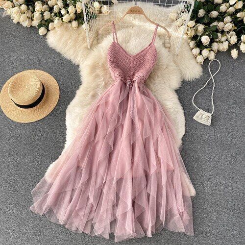 Irregular Net Gauze Fluffy Dress for Womens High Waist Temperament Summer V-neck - Picture 14 of 16