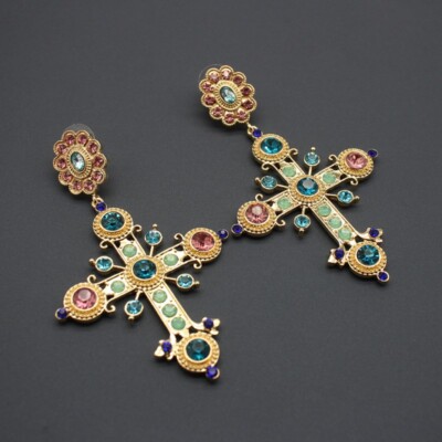 Nice Gold Plated Cross Rhinestone Earrings Lucky Stud High Quality Jewelry Gift