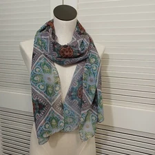 Scarf Gray Abstract Floral Patterned Long Lightweight Floaty