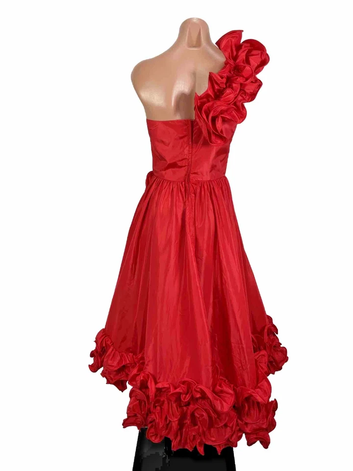 Vtg 80s Prom Gown Sz 5 One Shoulder Rosette Fit Flare Puffy Party Formal Dress - Image 2 of 4