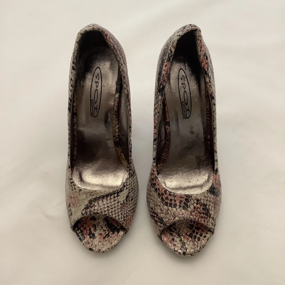 Пятно на коралловый серый змеиная кожа эффект коренастый Peeptoe каблуки - размер 3/36 - новый - Изображение 2 из 4