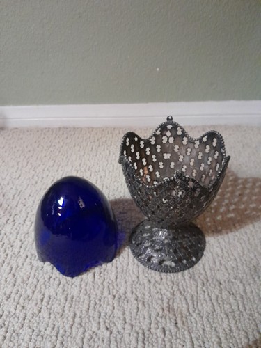 Antique Sterling Silver Cobalt Blue Glass Basket No Handle - Picture 3 of 5