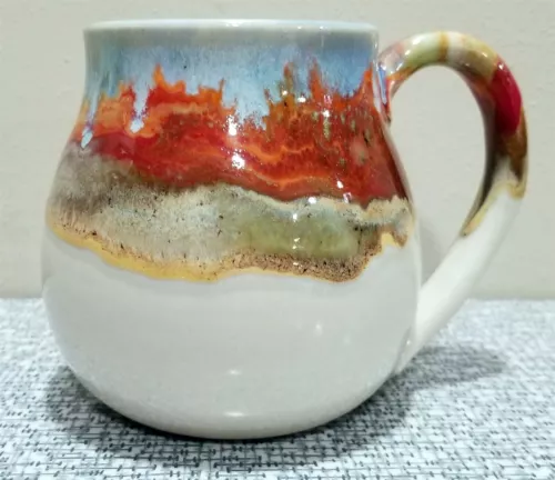 ART POTTERY Coffee Tea MUG Red Orange Blue Brown DRIP GLAZE Signed 16 oz