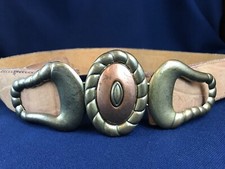 Vintage Revcor Belt Buckle Brass Copper Color Beige Leather Belt M/L Adjustable