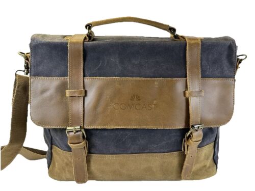 Messenger Bag Men’s Leather Canvas Laptop Briefcase Crossbody Shoulder Logo - Picture 2 of 13
