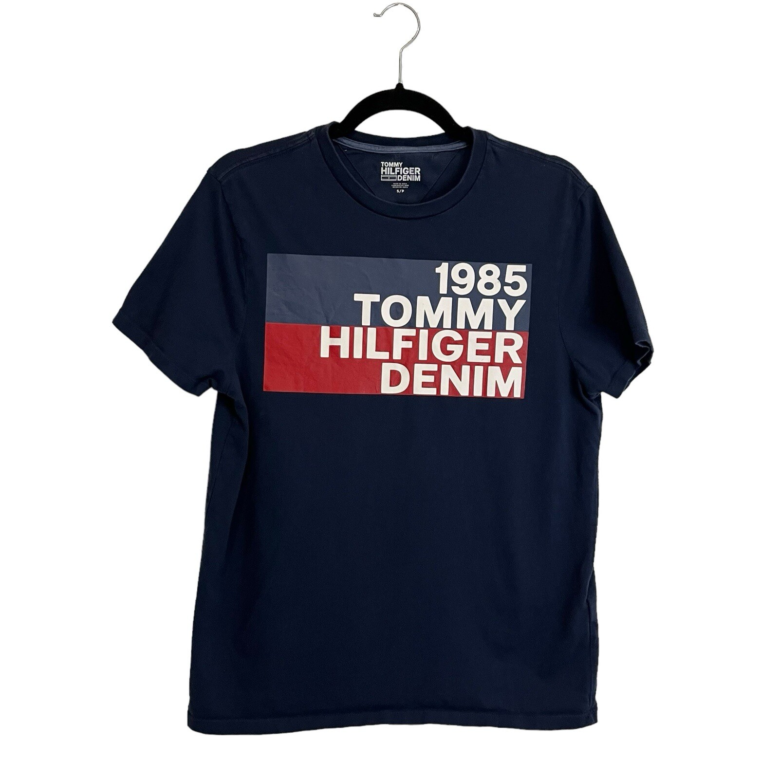 Tommy Hilfiger Denim Spellout Graphic Logo Tee Shirt Navy Blue Mens Size S