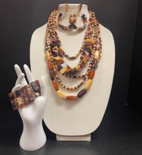 4 pc Set of Wooden Boho Jewelry Necklace Bracelet Pierced Hoop Earrings