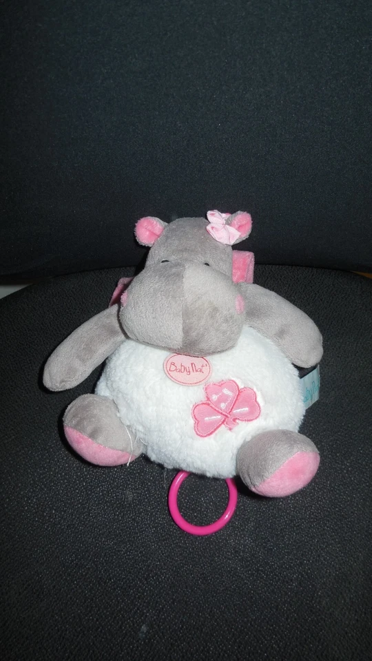 doudou peluche musical hippopotame Zoé blanc rose trèfle BABY NAT - Photo 1/1