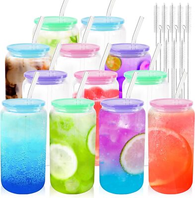 12pcs Glass Cups with Acrylic Lids and Straws 16oz Can Shaped Glass Iced Coffee