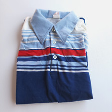 Vintage USA 70 s Donmoor Short Sleeve T Shirt Striped Polo Boys Sz 16 Blue