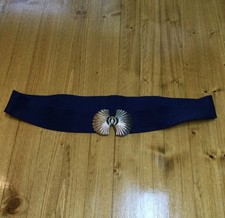 Vintage 80 90s Navy Blue Elastic Belt Shell Shaped Clasp Preppy Coastal Nautical
