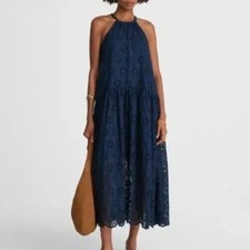 NWT Madewell Embroidered Drop-Waist Maxi Dress Women's Sz S Dark Indigo Navy