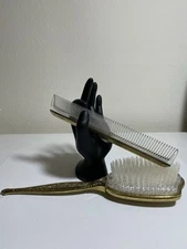 Vintage Gold-tone Brush Comb Set Vanity  50s Beveled Bird Flower Collectible