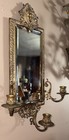 Antique Pair Of 1880s Ornate  Brass Sconces Beveled Mirrors 3 Candleholders Each — photo 5