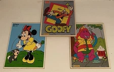 Lot of 3 Vintage Playskool Wooden Puzzles Disney Goofy Minnie Mouse Barney 1990s
