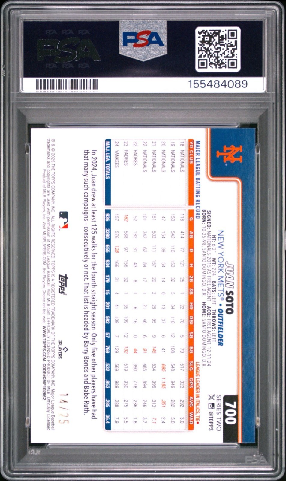 2025 Topps #700 Juan Soto Orange Diamante /25 PSA 9 Mint POP 2 view 2