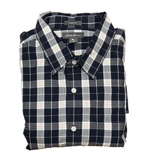 Eddie Bauer Plaid Shirt Men  s Large Tall Navy Gray Button Down Long Sleeve Prep