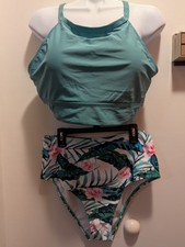 Women's Large 2 Piece Sage And Floral Adjustable Top Swimsuit New