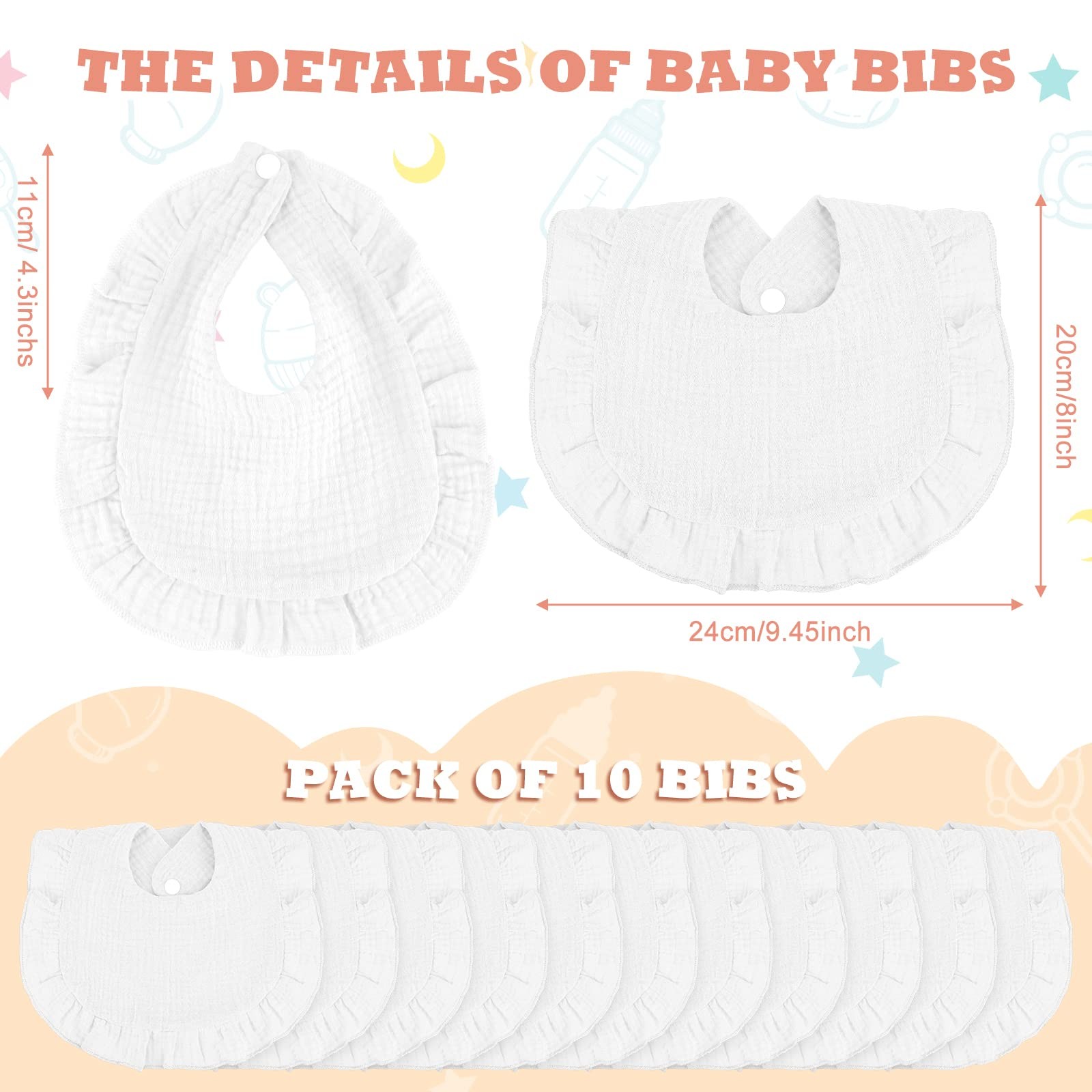 10 Pcs Baby Muslin Bibs Drool Bibs Bandana Ruffle Soft Cotton for Newborn Bab...