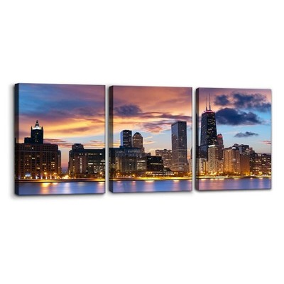 Canvas Print Wall Art Chicago City Sunset Night Skyline Architecture & Maps C...