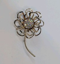 Large Vintage Sarah Coventry Gold Tone Daisy Flower AB Rhinestones Brooch / Pin