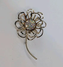 Large Vintage Sarah Coventry Gold Tone Daisy Flower AB Rhinestones Brooch / Pin