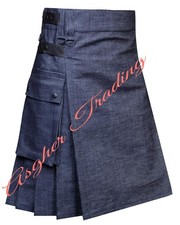 Scottish Handmade Blue Denim Utility Kilt Leather Straps Men's Custom Size Kilts