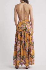 $320 Farm Rio Orange Floral Maxi Dress Halter Neck Backless XXS wedding guest