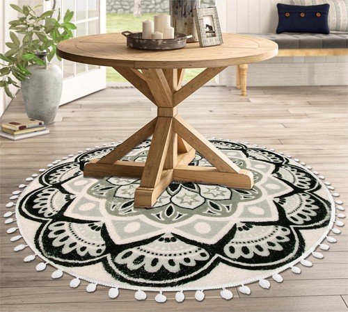 Round Rug 4ft Black Circle Boho Rug with Pom Pom Fringe Non-Slip Washable Liv... - Picture 7 of 7