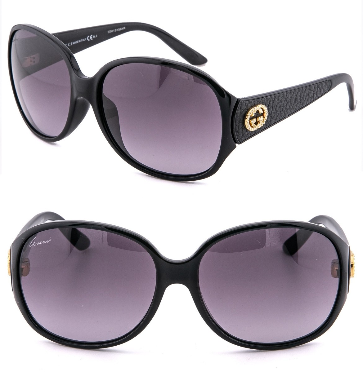 GUCCI 3623 Black Leather Gold Crystal Strass Oval Logo Sunglass