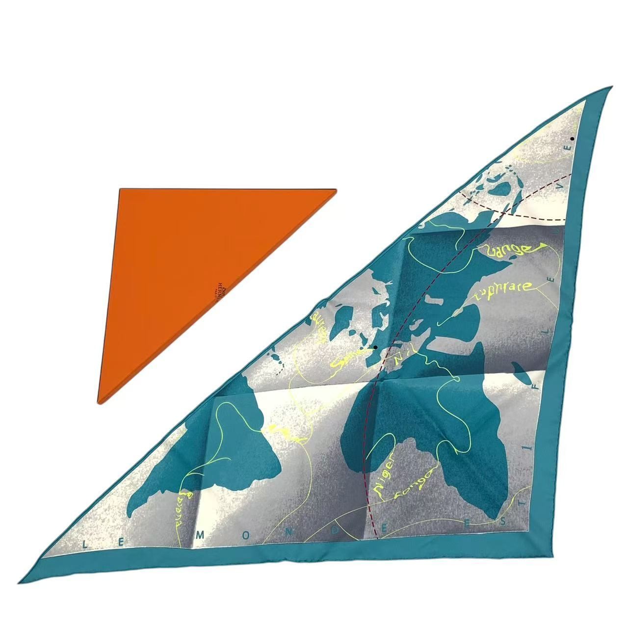 HERMES Carr 90 Triangular Scarf Map Pattern Silk … - image 1