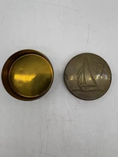 Vintage Aluminum Sailboat Trinket Tin Can Retro Candy Mint Dish w/Lid 2"x1"