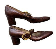 VINTAGE 50s 60s LIFESTRIDE BROWN PATENT LEATHER MARY JANE PUMPS SHOES WOMEN'S 9