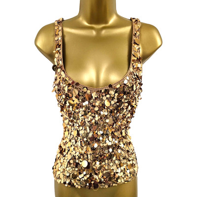 Vintage Karen Millen 2 UK 10 Gold Pailletten schillernd Häkel Strick Party Trägertop