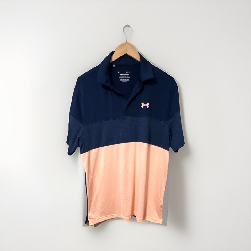 Under Armour Mens Large Playoff Polo Loose Golf Shirt Blue Peach Performance