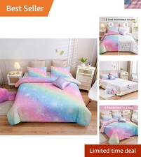 Galaxy Bedding Set Twin Size Pink Rainbow Glitter Comforter Sheets Pillowcases