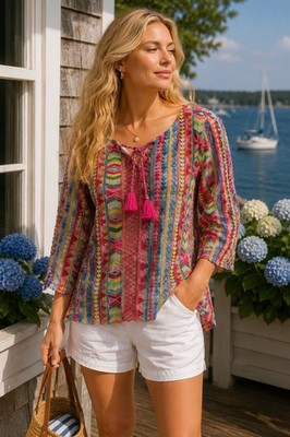 Ali Miles Petite Multi Color Embroidered Mesh Tassel Tie Blouse Top PM