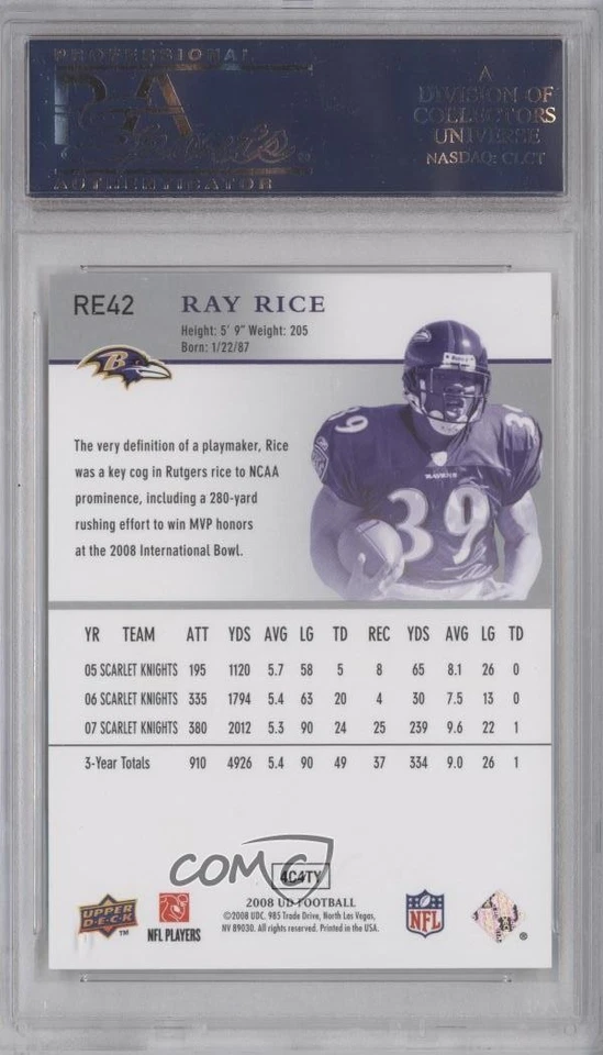 2008 Upper Deck Rookie Exclusives Ray Rice #RE42 PSA 10 GEM MT RC - Image 2 of 2