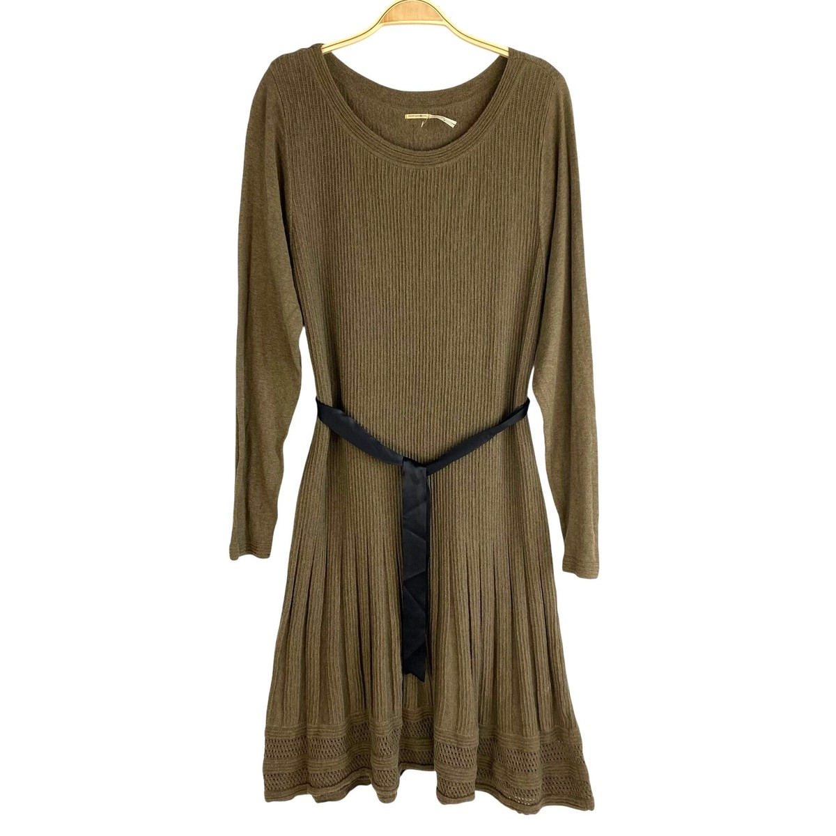 Max Studio Wool Blend Knit Dress XL Olive Green Pleated Crochet Hem Mature  NWOT