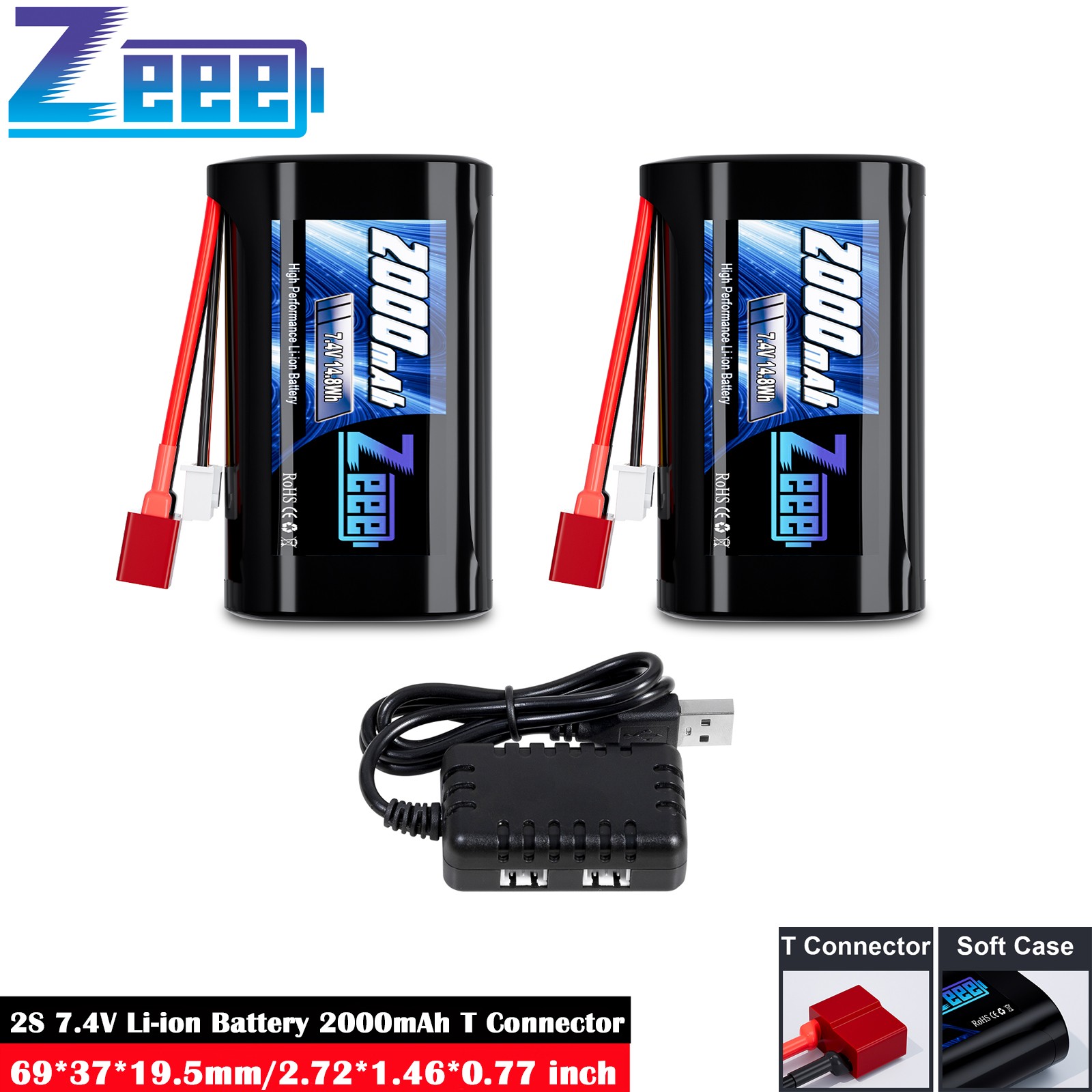 2x Zeee 2S 2000 mAh 7,4 V batteria agli ioni di litio spina a T + caricabatterie USB per modello RC