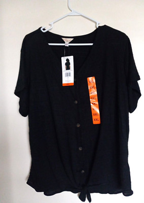 Weather proof black button down tie knot hem short sleeve plus top XXL NEW