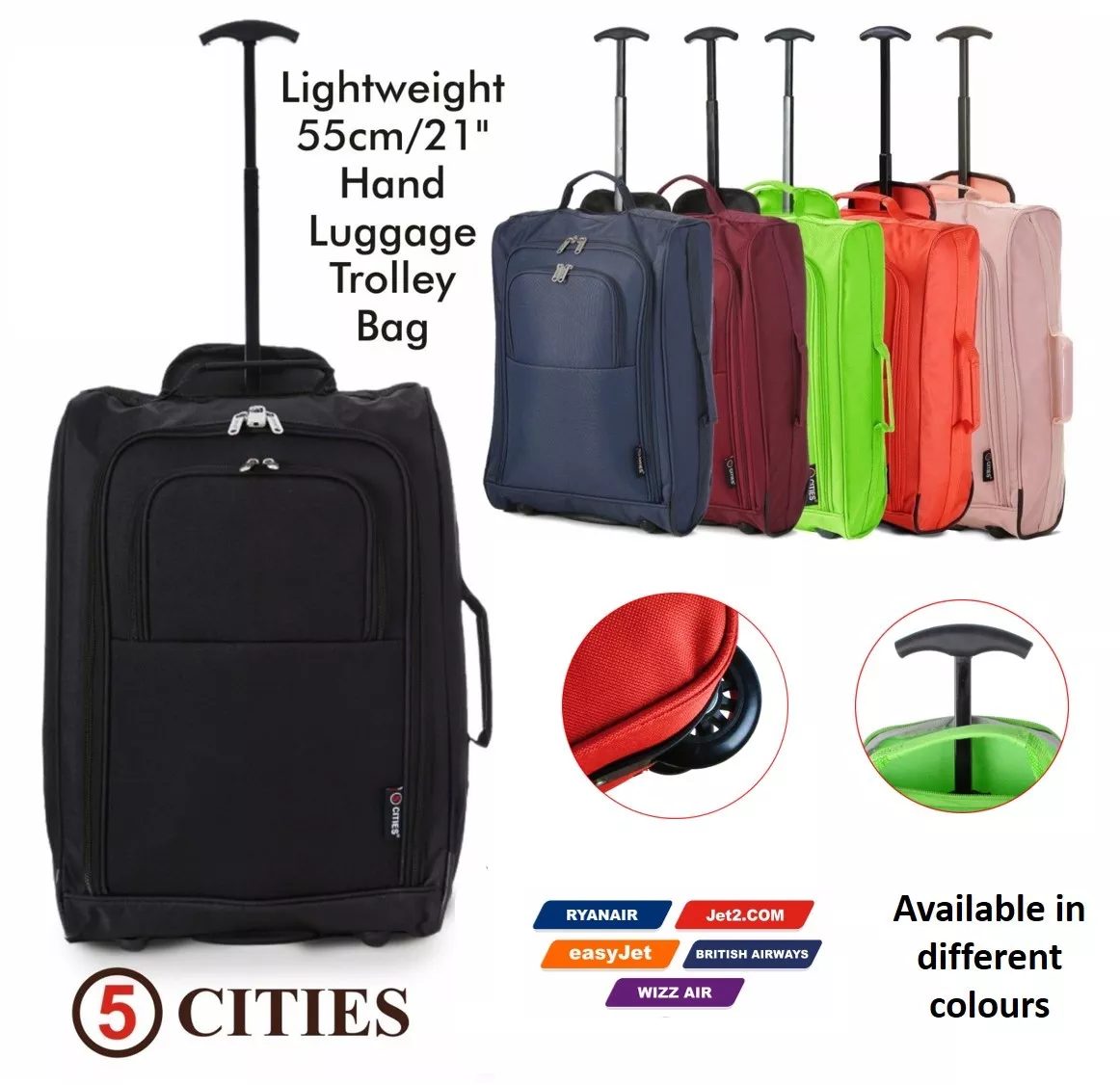 5 Cities Hand Cabin Luggage Trolley Wheeled Flight Bags Ryanair easyjet