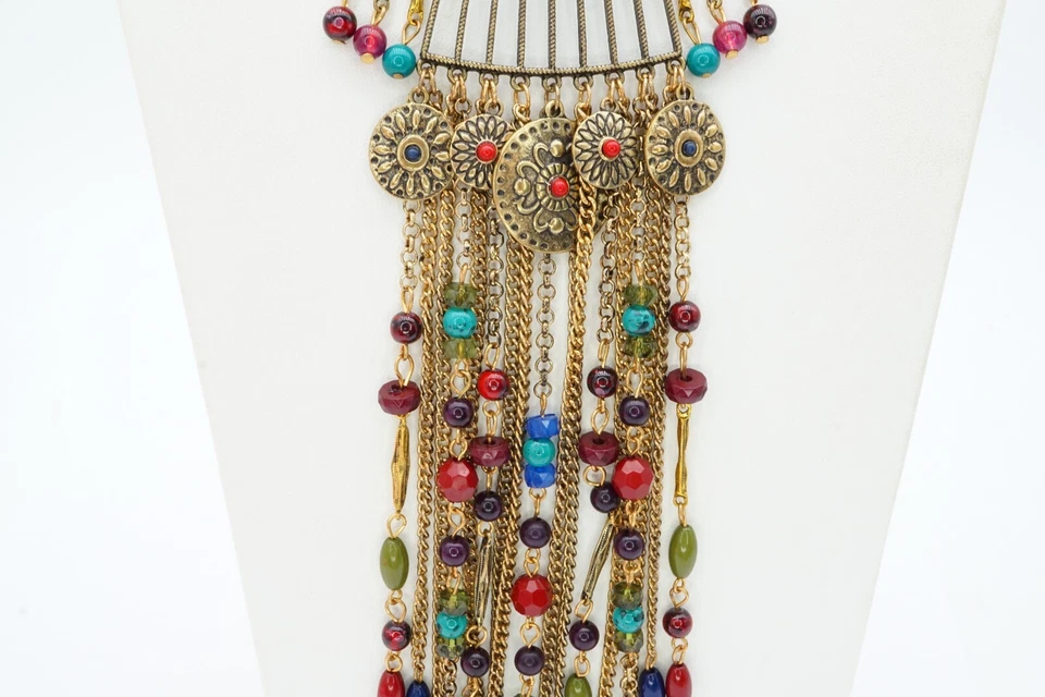 Collar Tono Dorado Cristal Cuentas Borla Cuero Cordón 22" Foto 3 de 4