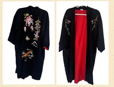 Vintage Chinese Black Satin Embroidered Duster Long Robe Smoking Jacket Unisex