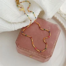 Woman 18K Gold Plated Stainless Steel Enamel Multicolor Bead Oval Necklace Chain